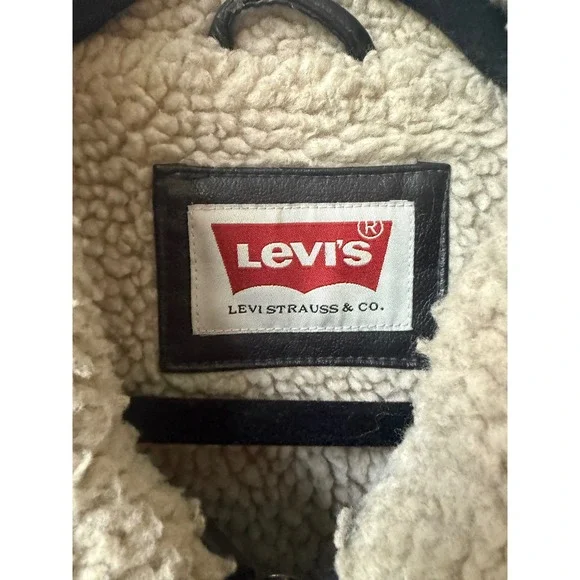 Levis Mens Black Faux Leather Sherpa Trucker Jacket Size S Bomber Full Zip - Picture 6 of 13